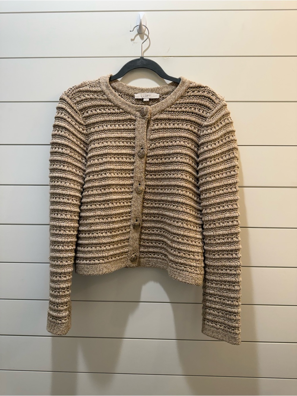 LOFT Neutral Beige Textured Button-Up Cardigan